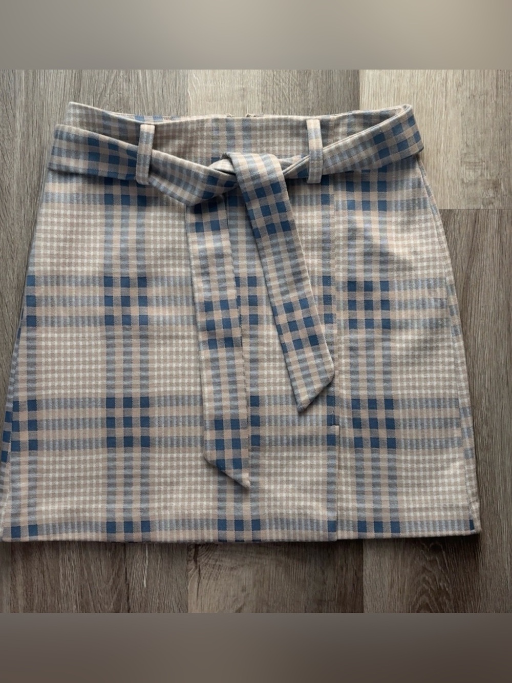 LOFT 2 Petite Plaid Tie-Belt Mini Skirt in Blue and tan